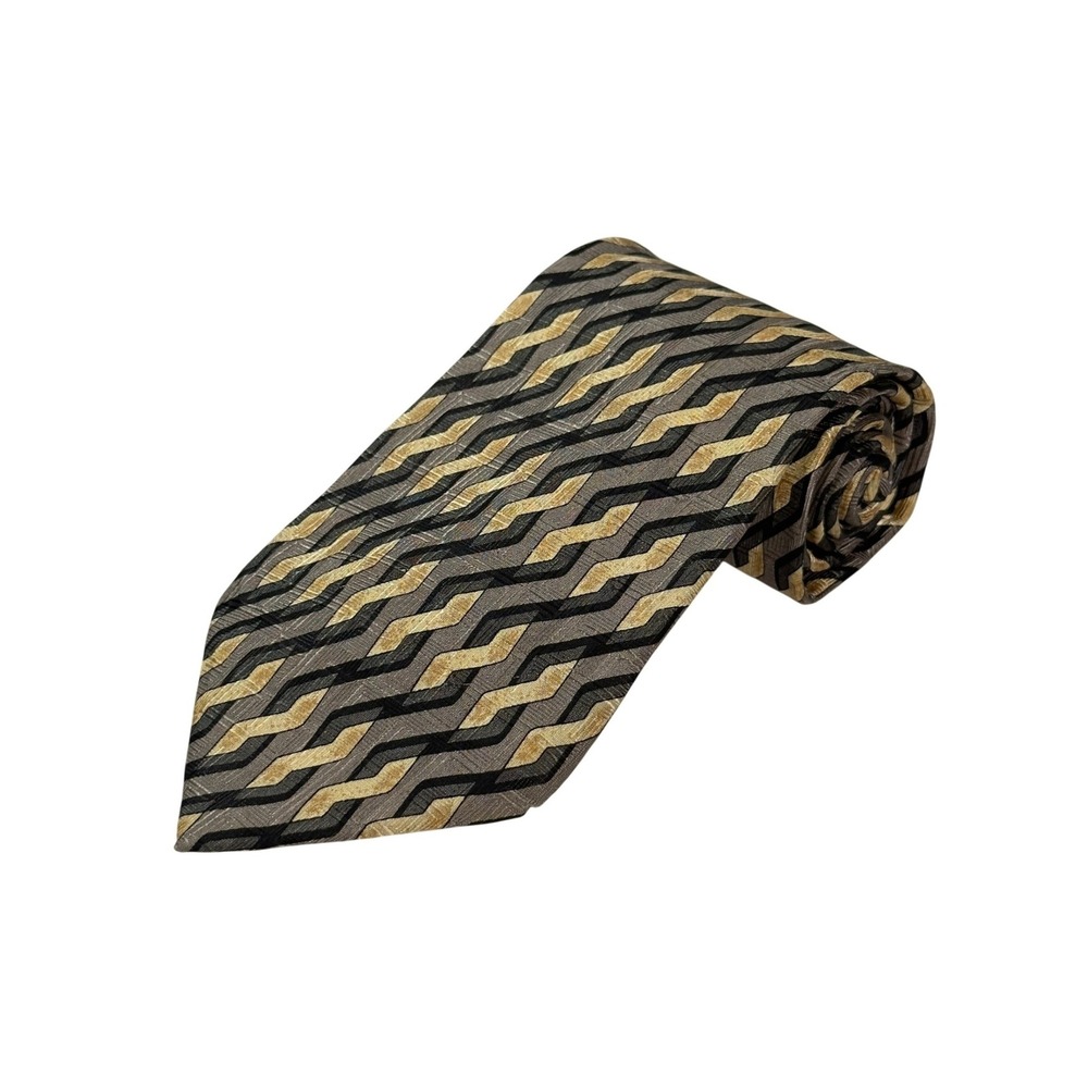 Vintage Louis Roth Necktie Mens Gold Black Geometric Italian 100% Silk Hand Sewn